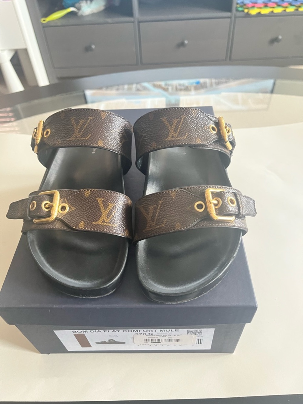 Louis Vuitton Brown Monogram Double-Strap Sandals with Gold Buckles